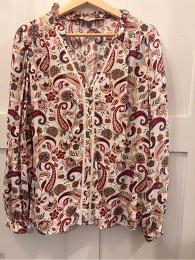LOFT Cream Paisley Tie-Neck Blouse with Burgundy and Green Accents